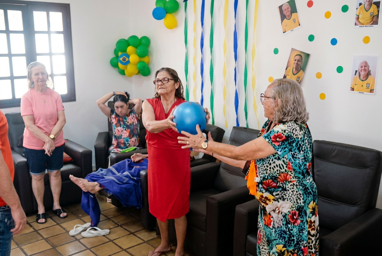 Idosas participando de atividade com bola na sala de convivência do Residencial Aconchego